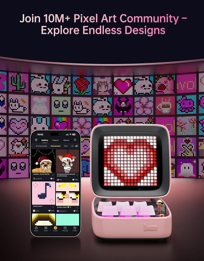 Ditoo Retro Pixel Art Game Bluetooth Speaker with 16X16 LED App Controlled Front Screen (Pink)